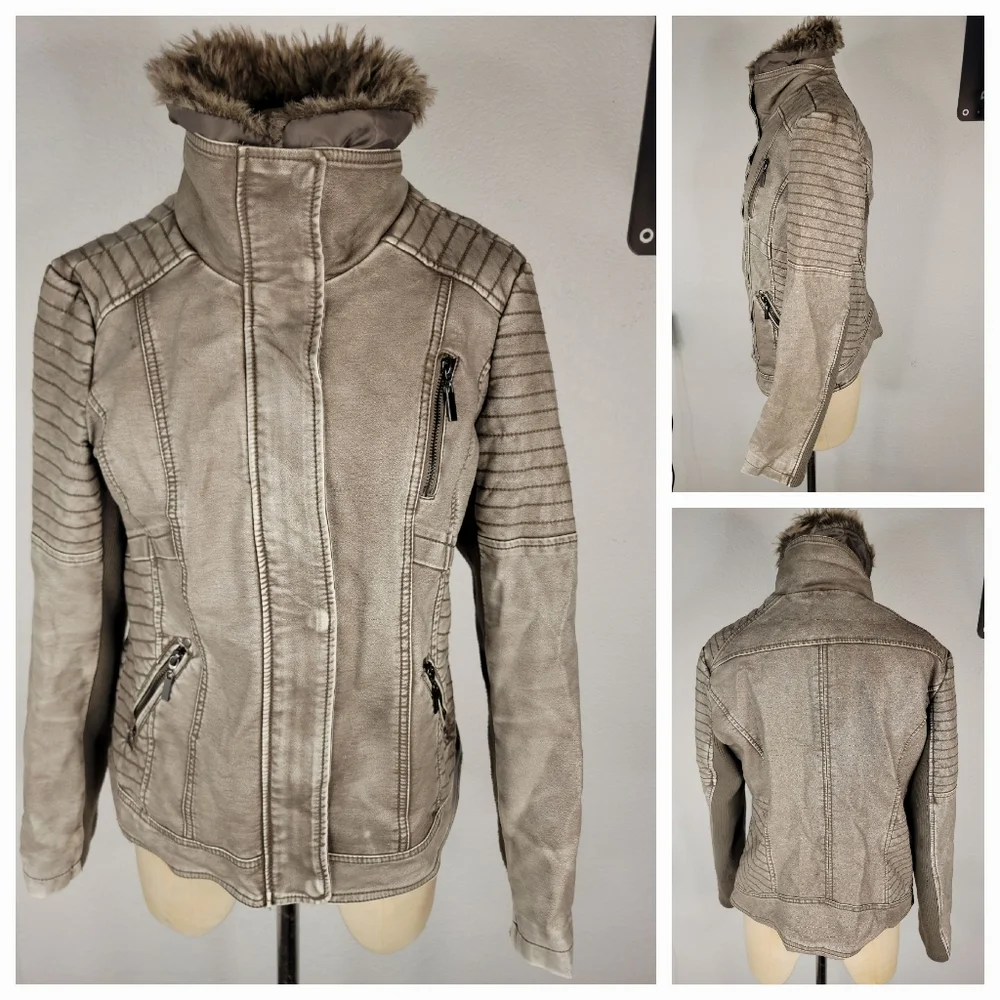 Sebby Collection Faux Leather Biker Jacket Sz L Gray Faux Fur Collard Removable